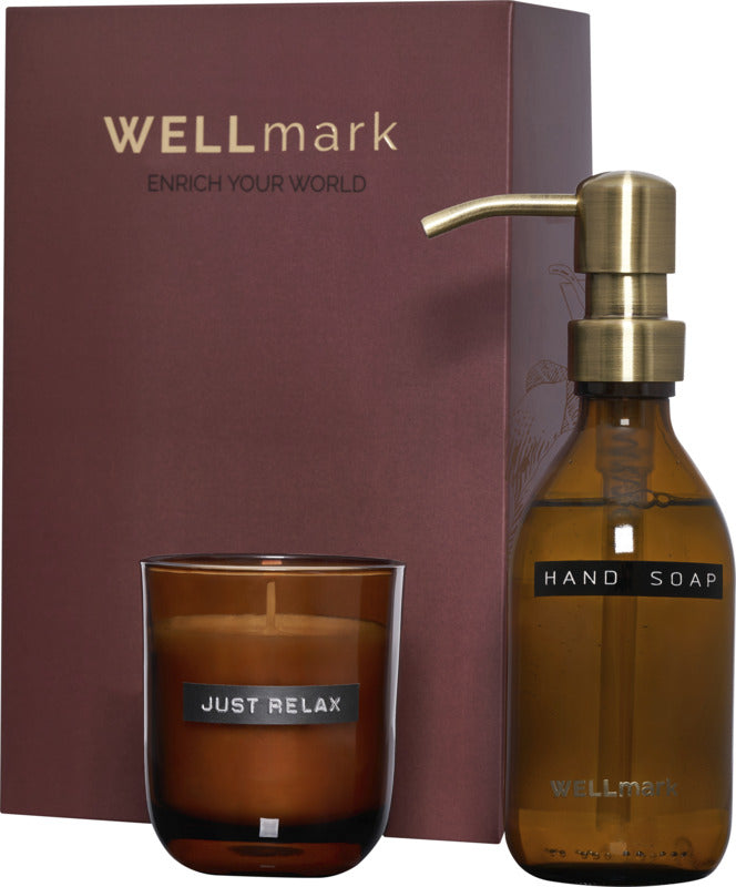 Wellmark Discovery 250 ml:n käsisaippua-annostelija ja 150 g:n tuoksukynttiläsetti - Maroon